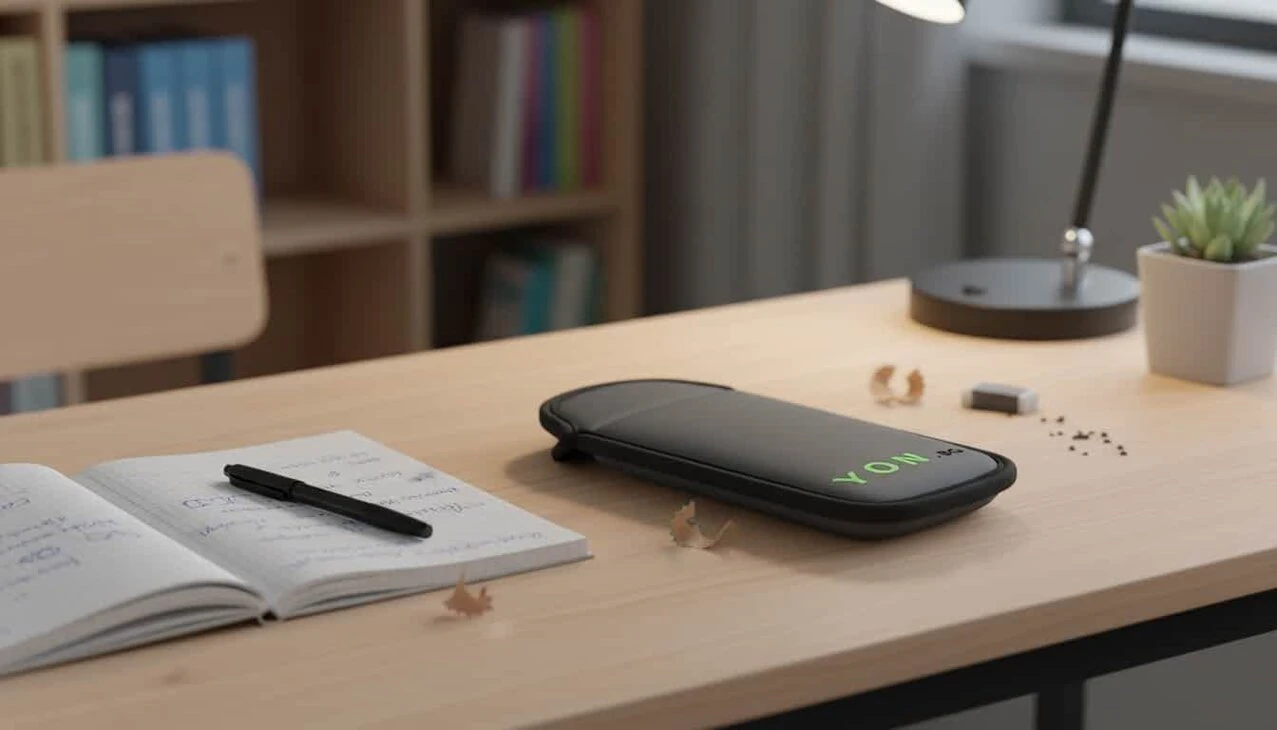 Фарадеев калъф YON.bg за телефон върху ученически чин по време на учебен час