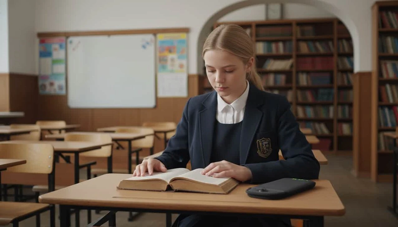 Ученик с Фарадей калъф за телефон, символ на концентрация и дигитално благополучие в училище.