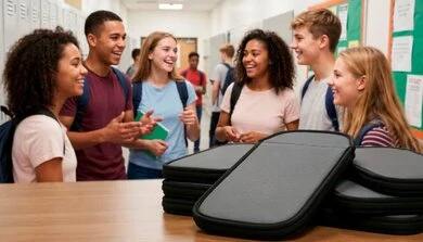 Ученици общуват в училищна среда без мобилни телефони, използвайки калъфи за съхранение